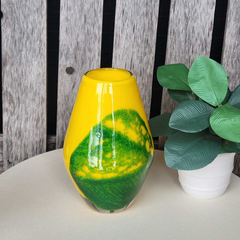 Double Hand-blown Pear Shaped Cased Glass Yellow & Green Vase